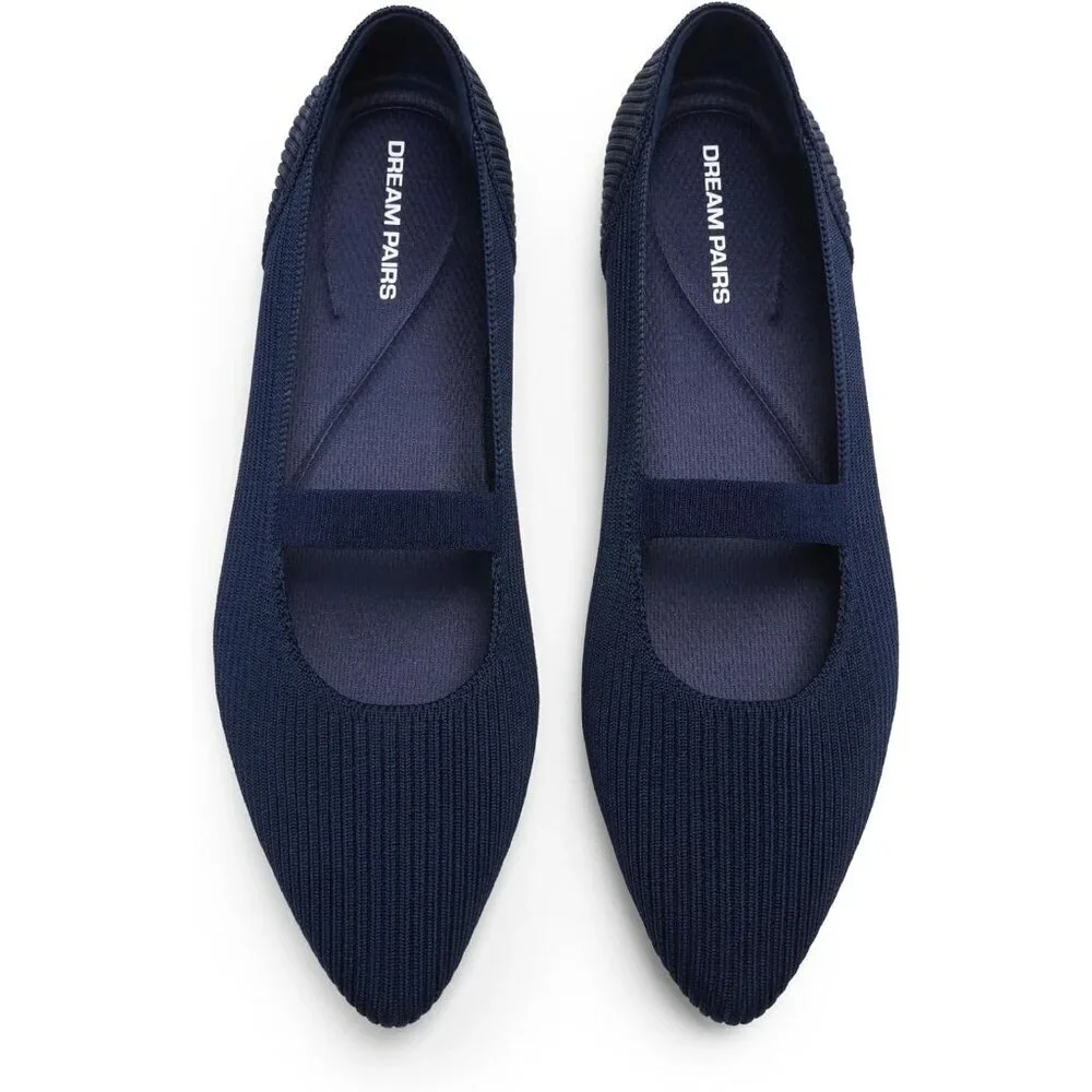 Women's Navy Knit Ballet Pointed Toe Comfortable Dressy Mary Jane Flats Shoes